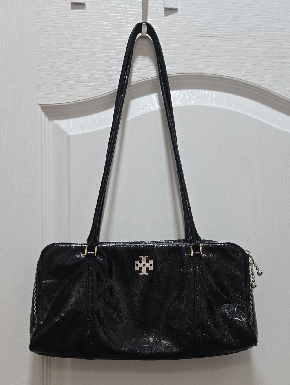 Tory Burch Black Patent Shoulder Bag with Silver Logo Accent